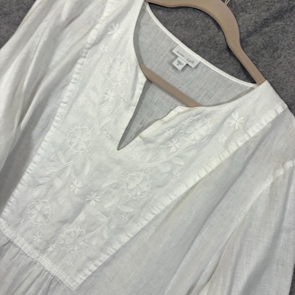 J Jill Love Linen Tunic Blouse Women XL White Embroidered Lightweight Semi Sheer